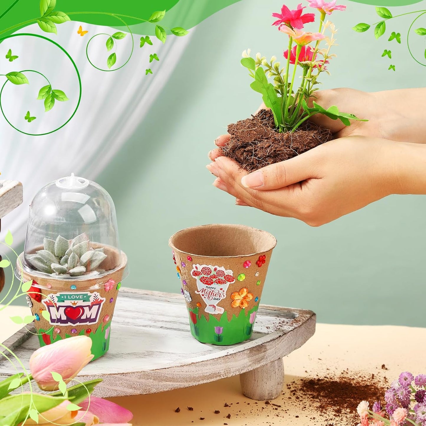 Motipuns Mother's Day Garden Paper Pot Craft Kit Include Plant Flower Peat Pots with Domes 4 Sheet Rhinestones Jewels Stickers and Adhesive Spring Stickers Set for DIY Craft Gifts