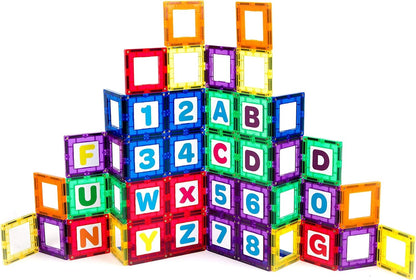 Playmags Magnetic Tile Building Set: Exclusive Educational Clickins – 80-Pc. Kit: 40 Super Strong Clear Color Magnet Tiles Windows & 40 Letters & Numbers – Stimulate Creativity & Brain Development