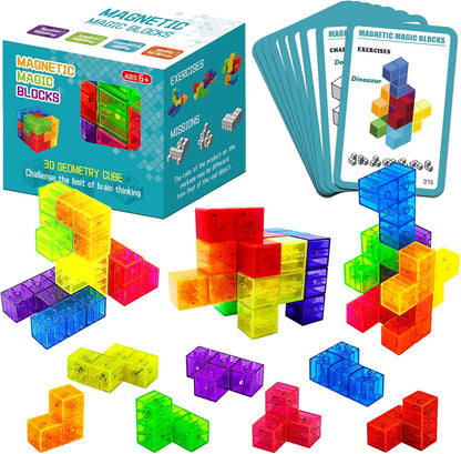 Magnetic Building Blocks, STEM Magic Magnetic 3D Puzzle Cubes, 7 Pcs Preschool Multi Shapes Magnetic Toys with 54 Cards, Montessori Sensory Autism Building Toys for Kids