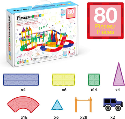 PicassoTiles 121pc Magnetic Tile Race Track Marble Run Magnet Tiles 3-in-1 Playset Car Racing Construction Set STEM Learning Early Education Building Toy Cars for School Toddlers Boys Girls Ages 3+
