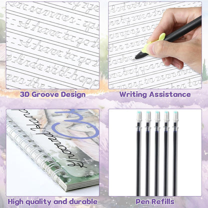chiazllta Grooved Cursive Handwriting Workbook with Disappearing Ink Pens Magic Reusable Grooved Cursive Writing Practice for Beginners Kids Kickoff Student Workbook Homeschooling Supplies (Letters)