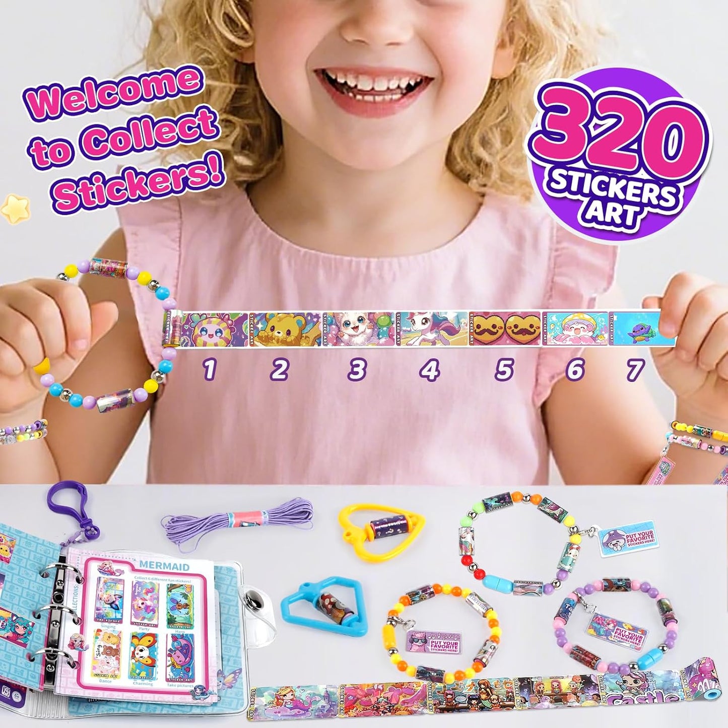 Plunack DIY Sticker Jewelry Making Kits Bracelets for Kids, Stickers Set, Includes Beads & Charms & Pendants, 320Pcs Mini Holographic Stickers, Bracelet Making Kit for Girls 6-12 Birthday Gift