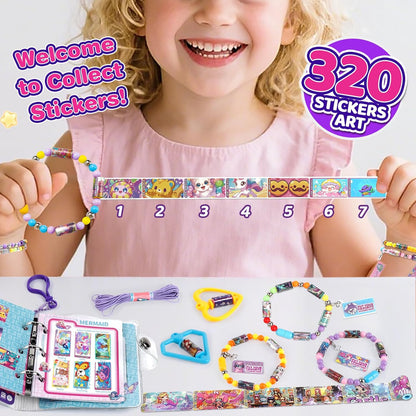 Plunack DIY Sticker Jewelry Making Kits Bracelets for Kids, Stickers Set, Includes Beads & Charms & Pendants, 320Pcs Mini Holographic Stickers, Bracelet Making Kit for Girls 6-12 Birthday Gift