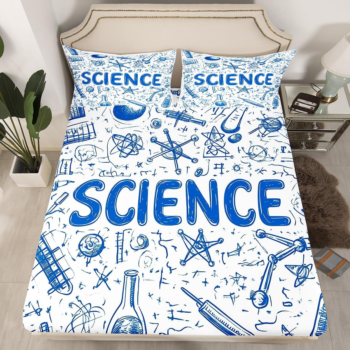 Chemistry Bed Sheets for Kids Teens Girls Boys,Chemical Experiment Fitted Sheet Twin,Science Themed Sheets for Math Lovers,Chemistry Lab Bedding Set,White and Black