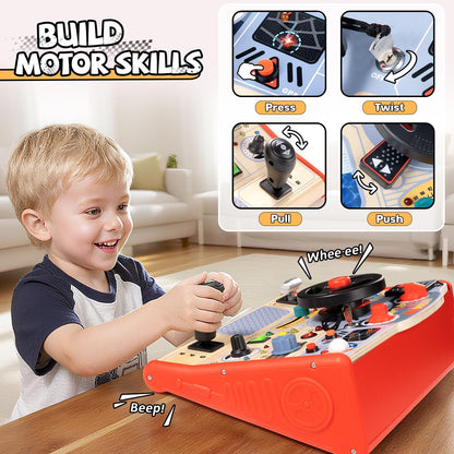 Toddler Busy Board Toy for Steering Wheel with Sounds & Lights, Sensory Montessori Toy for 3 Year Old Boys Girls Birthday Present, Wooden Travel Toys for Kids Ages 3