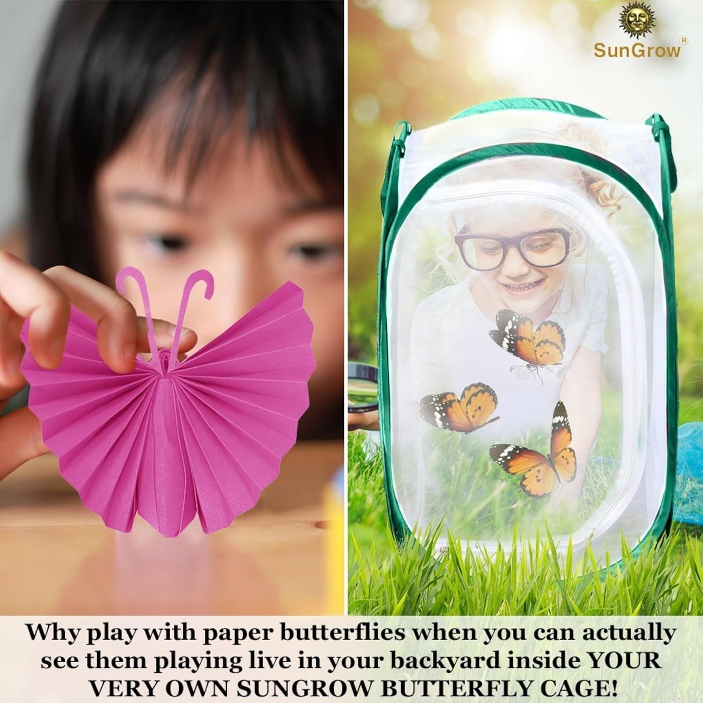 SunGrow Foldable Butterfly Habitat, 24" Butterfly Cage for Caterpillars, Create Farm, Enclosure for Breeding Soldier Fly, Ladybug, Dragonfly, or Housefly for Chicken and Reptile Feed, Green