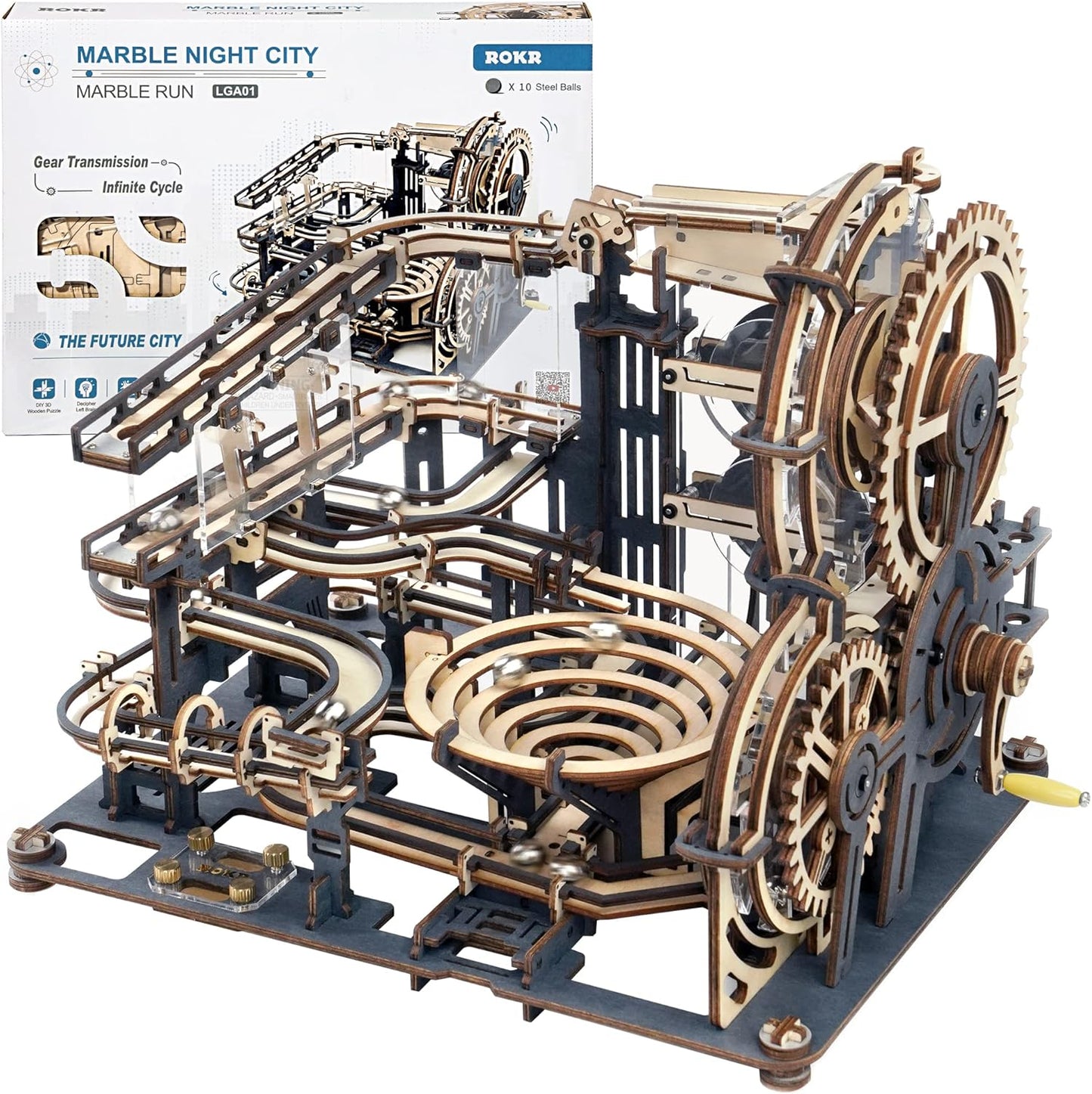 ROKR 3D Wooden Puzzles for Adults Marble Run Model Building Kit(LGA01 Marble Night City)
