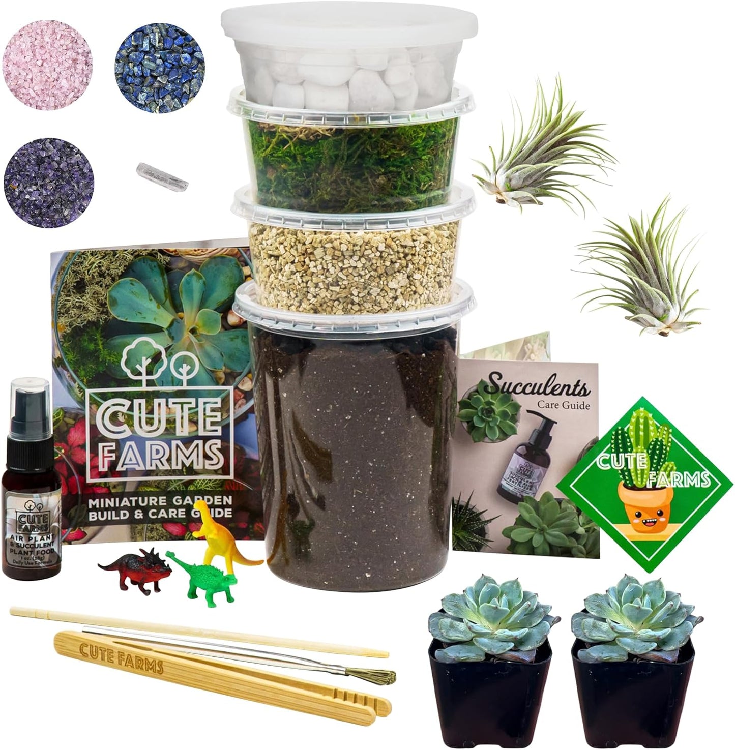 Cute Farms Terrarium Starter Kit | Moss, Vermiculite, Soil, Pebbles, Plant Food, & Finishing Tools (Large Kit + Crystals)