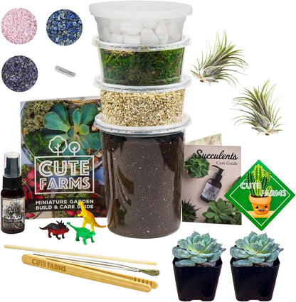 Cute Farms Terrarium Starter Kit | Moss, Vermiculite, Soil, Pebbles, Plant Food, & Finishing Tools (Large Kit + Crystals)