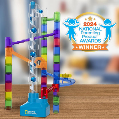 National Geographic Marble Run with Motorized Elevator - 150-Piece Marble Maze Kit with Motorized Spiral Lift, 30 Marbles, Storage Bag & More, Perpetual Motion Machine, Kids Physics Toys