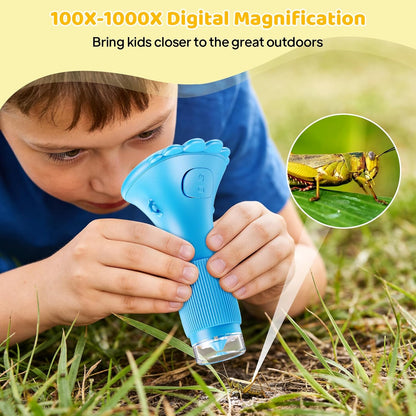 Kids Magnifying Glass, 2.0 Inch Digital Screen Mini Pocket Microscope for Bug - 200x Zoom Handheld Microscope with Adjustable Lights, Edu Birthday Gifts for Age 3-12 Girls