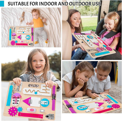 Montessori Busy Board for Toddlers, Wooden Sensory Toys, Preschool Learning Activities for Fine Motor Skills Travel Toy, Basic Life Skills Educational Gifts for 1 2 3 Years Old Kids Boys Girls