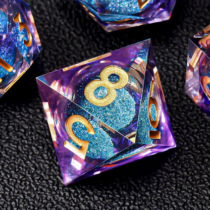 Liquid Core DND Dice Set, 7pcs Sharp Edge Dice for Role Playing Dungeons and Dragons Ttrpg with Gift Box, Handmade Resin D&D Dice RPG Role Playing Games Dice Set(Blue Gold)