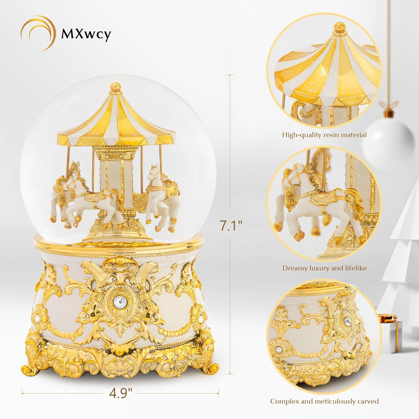 Carousel Music Box Gold & Ivory Christmas Snow Globes, 8.3" Rotate Carousel Snow Globe for Kids & Adults, Classic Wind up Musical Snow Globe Birthday Gifts for Women Girls, Carousel Horse Home Decor
