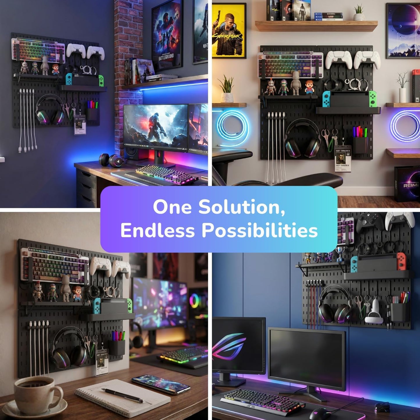 Keepo Peg Board Wall Organizer for Gaming Setup, Pegboard with Adhesives & Screw Mounts, Includes Peg Board Accessories for Gaming Accessories, Tech Storage & Office Organization (Black, 33″×22″)