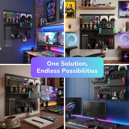 Keepo Peg Board Wall Organizer for Gaming Setup, Pegboard with Adhesives & Screw Mounts, Includes Peg Board Accessories for Gaming Accessories, Tech Storage & Office Organization (Black, 33″×22″)