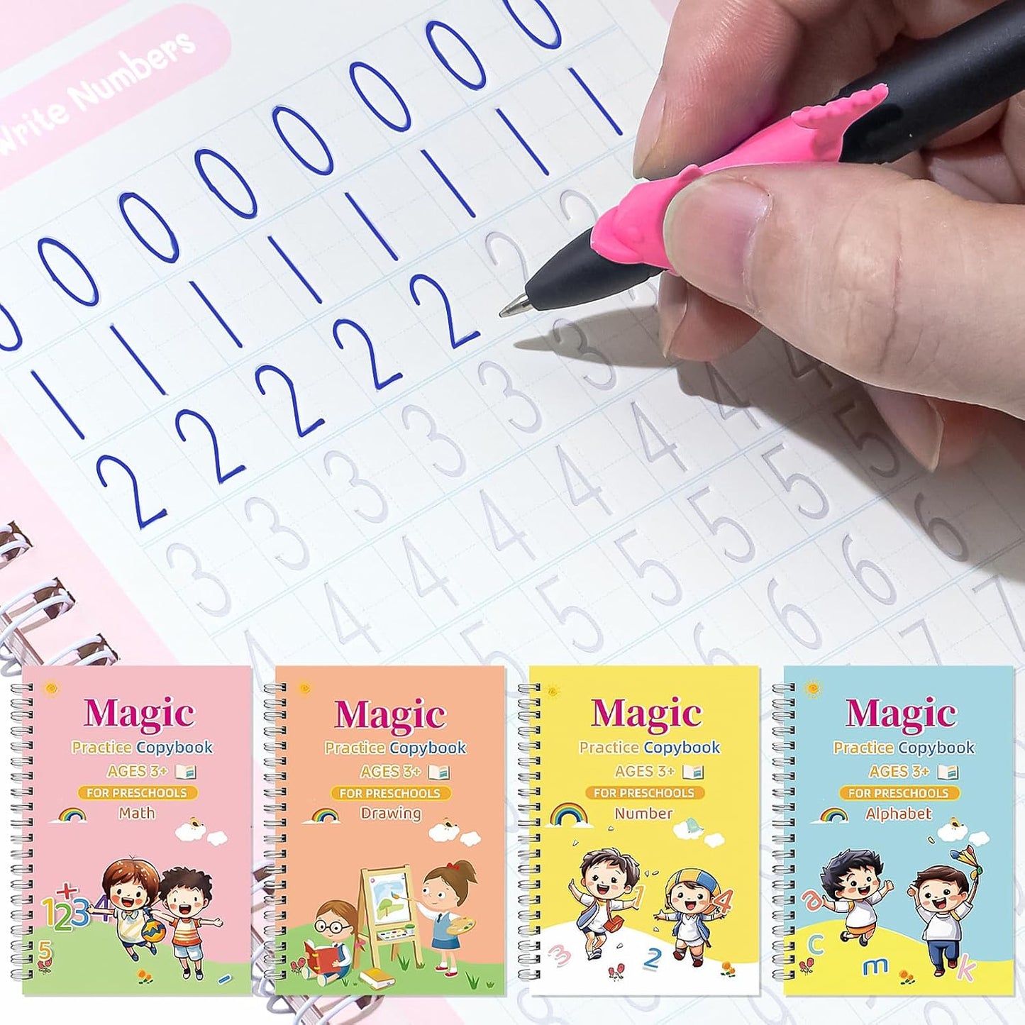 Magic Grooved Writing Practice Books, Handwriting Practice Magic Copybook for Kids Ages 3-8, Large Grooved Writing PracticeBook Aid Magic Pen Reusable Letter Learning Kit, Kindergarten Workbooks