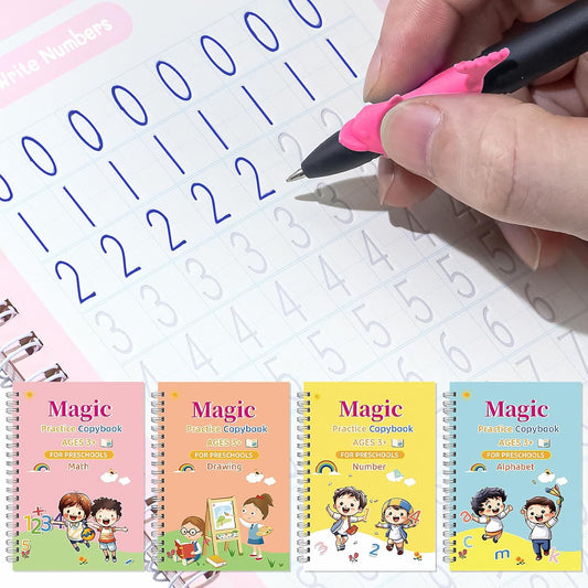 Magic Grooved Writing Practice Books, Handwriting Practice Magic Copybook for Kids Ages 3-8, Large Grooved Writing PracticeBook Aid Magic Pen Reusable Letter Learning Kit, Kindergarten Workbooks