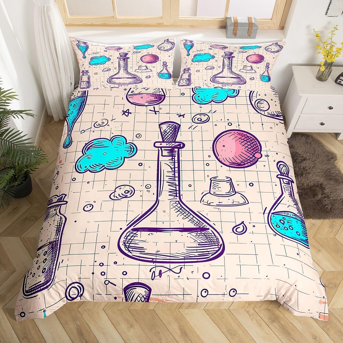 Erosebridal Chemistry Lab Bedding Set Twin Size Chemical Equation Duvet Cover for Boys Girls Chemical Elements Science Theme Comforter Cover Teens Kids Science Students Bedding School Dorm Room Decor