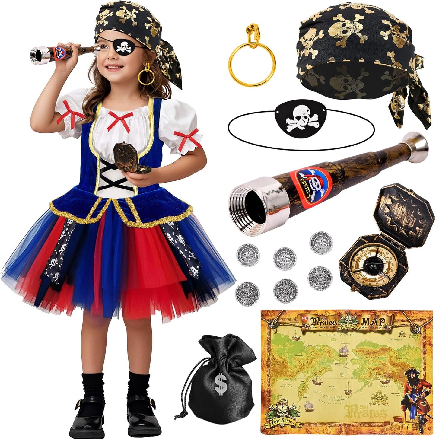Latocos 14pcs Girls Pirate Costume Dress Kids Pirate Accessories Hat Eye Patch Halloween Dress Up Role Play Gift