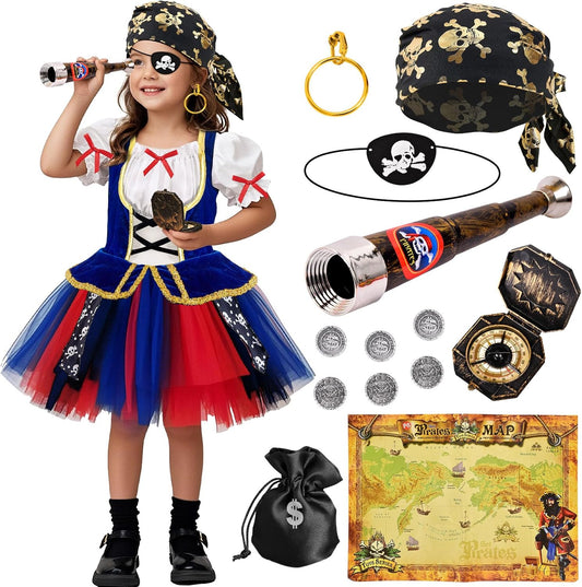 Latocos 14pcs Girls Pirate Costume Dress Kids Pirate Accessories Hat Eye Patch Halloween Dress Up Role Play Gift