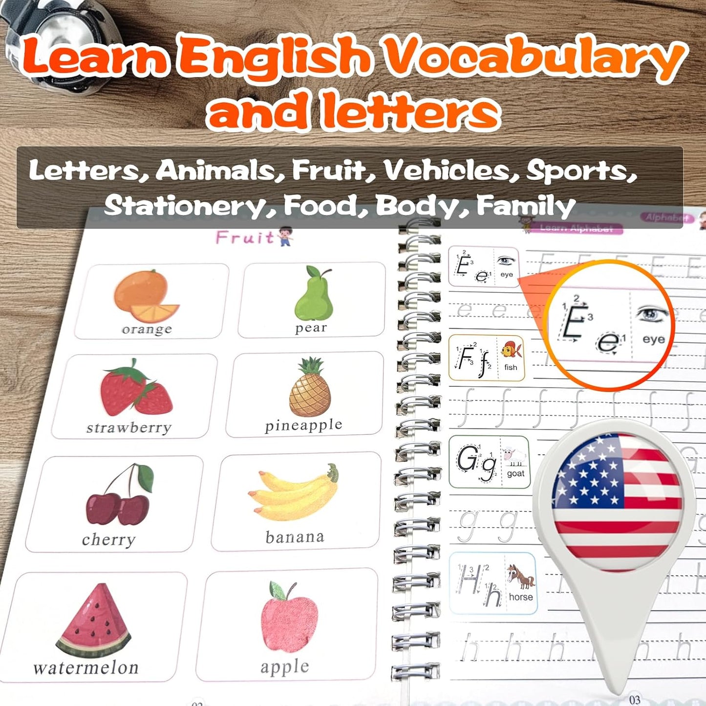 4 Magic Grooved Writing Practice for Kids - English Pre K Tracing Practice Book, Reusable Preschool Handwriting Workbooks Without Tears, 4-Theme Copybooks with Pen Refill for Age 3-10 (English, Small)