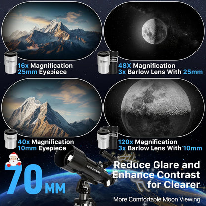 FREE SOLDIER Telescope for Kids 70mm Aperture Astronomical Refractor Telescopes for Beginners (15X-150X) 300mm Telescope for Adults High Powered with A Phone Adapter & A Wireless Remote (White)