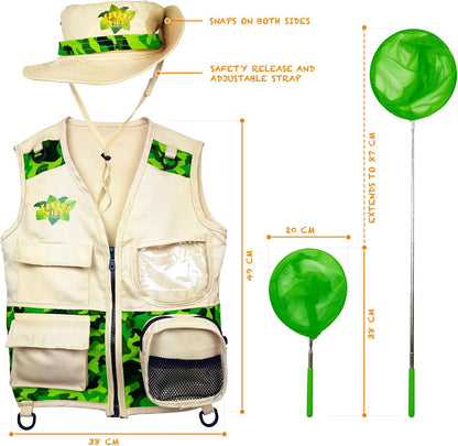 Kidz@Play Bug Hunting Kit, Vest, Hat, Binoculars, Lg. Net, Bug Container, Whistle, Flashlight, Magnifier, Thermostat, Compass, Tweezers