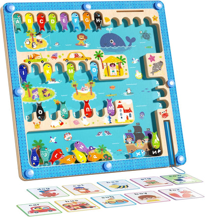 Magnetic Alphabet Maze Letter Puzzle Board, Montessori Toys Alphabet Puzzle for 2 3 4 5 Years Old, Fine Motor Skills Toys Magnet Fishing Game for Kids 3-5, Birthday Gift for Girls Boys