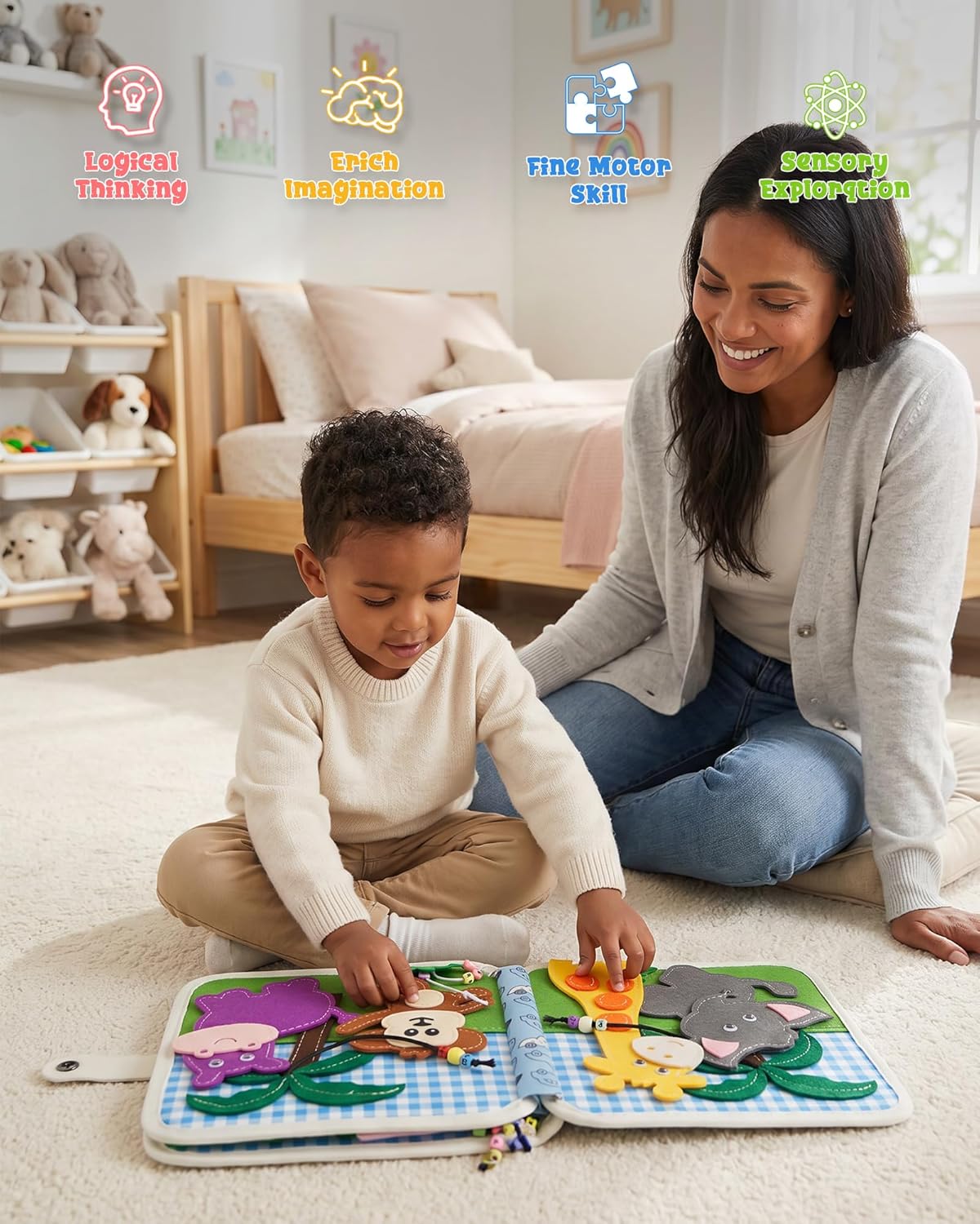 Montessori Busy Book for Toddlers, 8-Page Sensory Activity Book for Fine Motor Skills & Basic Dress Learning, Portable Travel Toy for Preschool Kids, Birthday Gift for Boys and Girls (Blue)