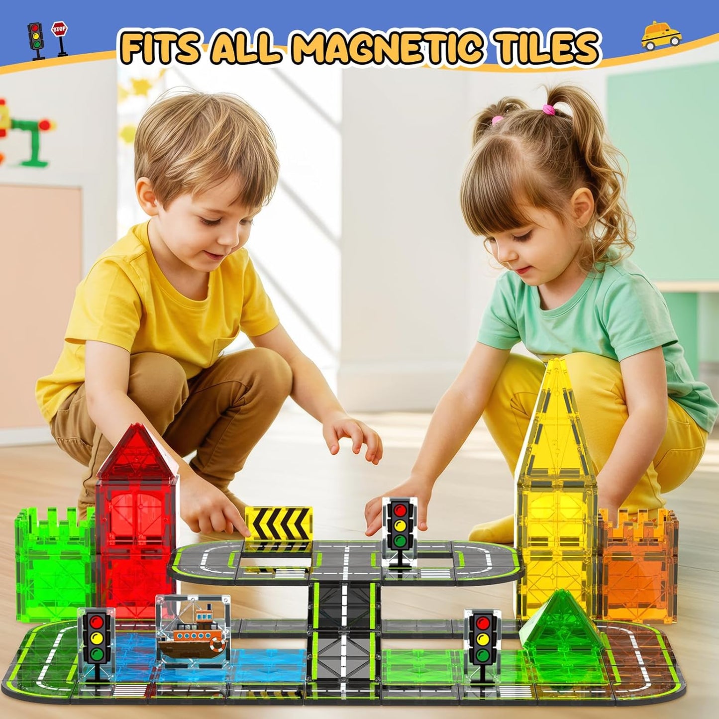 HarworLife Magnetic Tiles Road Set, Magnetic Building Blocks for Toddler Kids, Montessori Educational Magnet Toys for Kids Ages 3+Year Old, STEM Creative Toy for Christmas Birthday Gifts