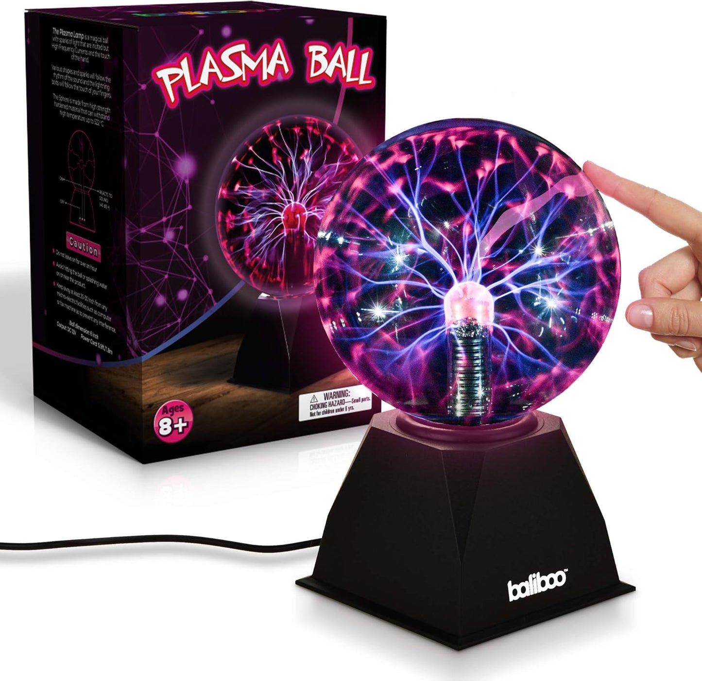 BALIBOO 3" Mini Plasma Ball Light – Touch Activated Lightning Globe – USB and Battery Powered Plasma Globe Lamp – Interactive Science Static Electricity Ball