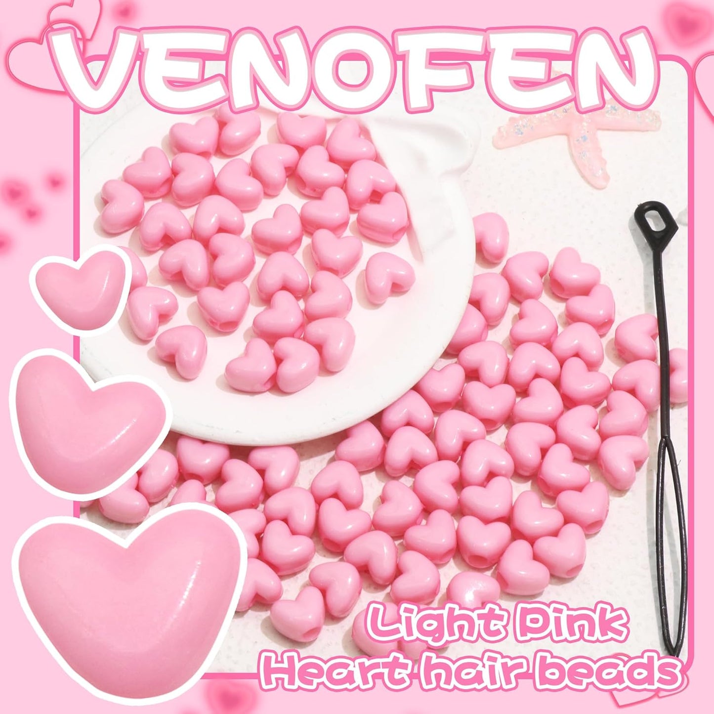 90PCS Light Pink Heart Beads for Braids Hair Jewelry Loc Dreadlock Accessories Cute Heart-Shaped Pony Bead
