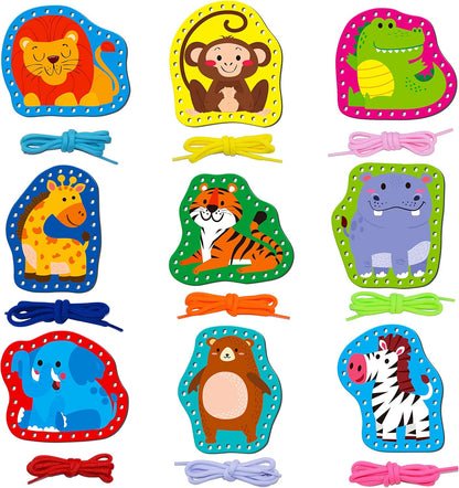 SpriteGru 9 Pieces Kids Lacing Cards, Double Sided Sewing Cards in 9 Vehicle Cards with 9 Colorful Laces, Imagination Development Lacing Toys Games for Children Educational and Learning Activity