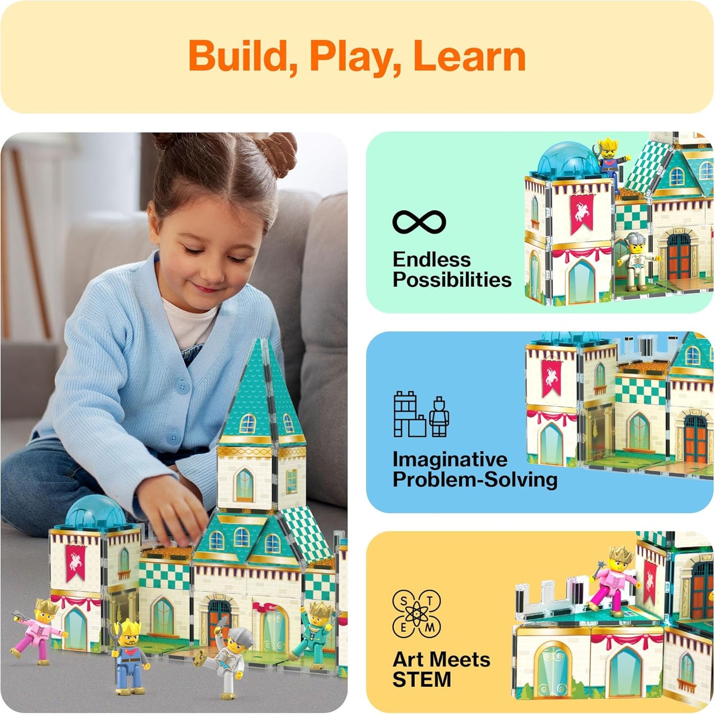 PicassoTiles 60pc Magnetic Tile Princess Castle Building Set with Double Sided Printed Tiles 2 Character Figures STEM Educational Toy Kit for Kids Pretend Play Montessori Learning Ages 3 to 8 PTQ04