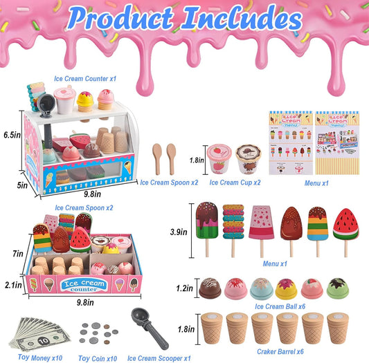 Ice Cream Play Set, Wooden Ice Cream Toy, Wooden Play Food, Ice Cream Shop Playset, Pretend Play Toys for Toddlers, Kitchen Toys Gift for Girls Boys 3 4 5 6 Year Old