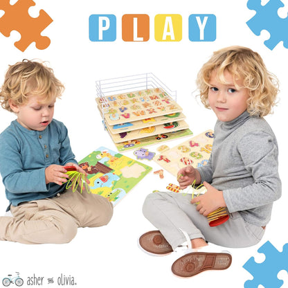 Premium Puzzles for Toddlers and Rack Set - (7 Pack) Includes 1 Learning Clock - 6 Alphabet, Numbers, Shapes, Animals, Cars, Fruits Puzzles