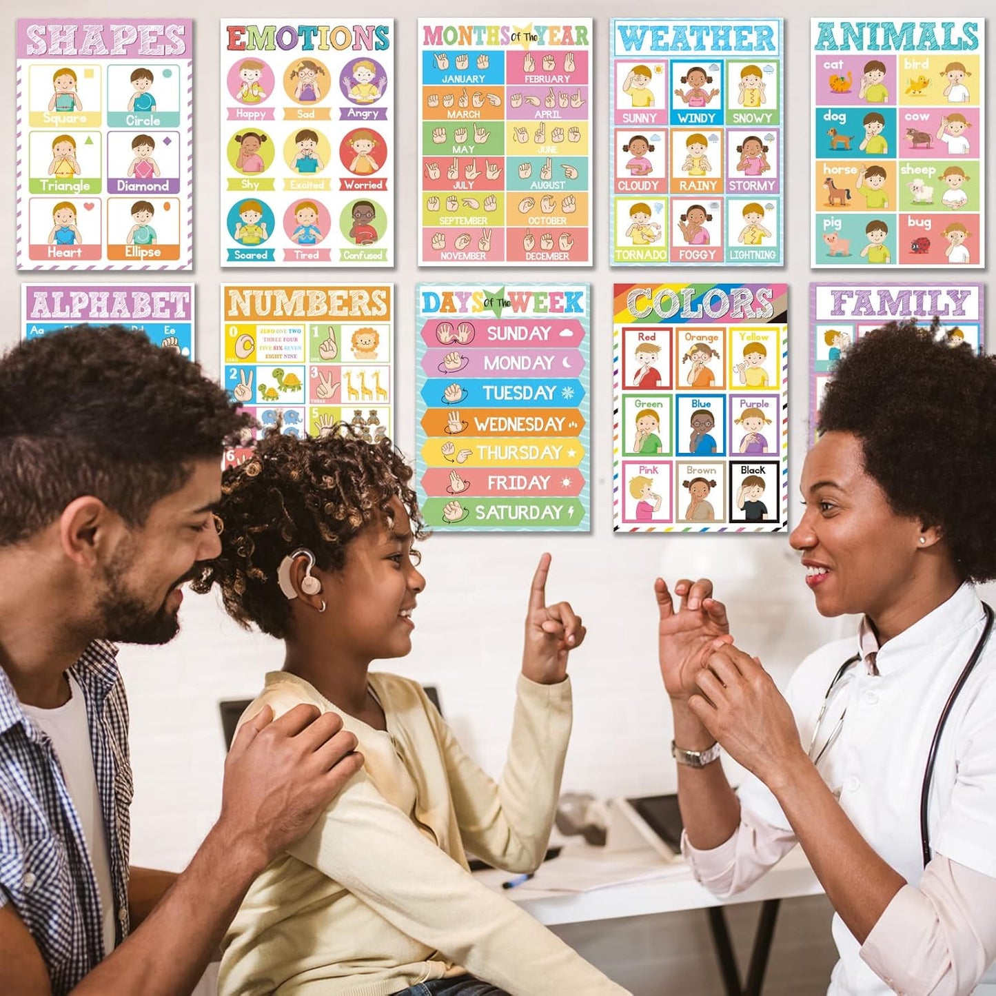 Set of 12 ASL Posters ABC Sign Language Flash Cards American Sign Language Learning Poster for Toddler Kids Students Classroom Decorations ASL Gift