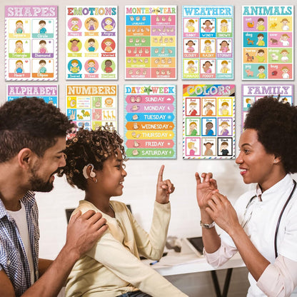 Set of 12 ASL Posters ABC Sign Language Flash Cards American Sign Language Learning Poster for Toddler Kids Students Classroom Decorations ASL Gift