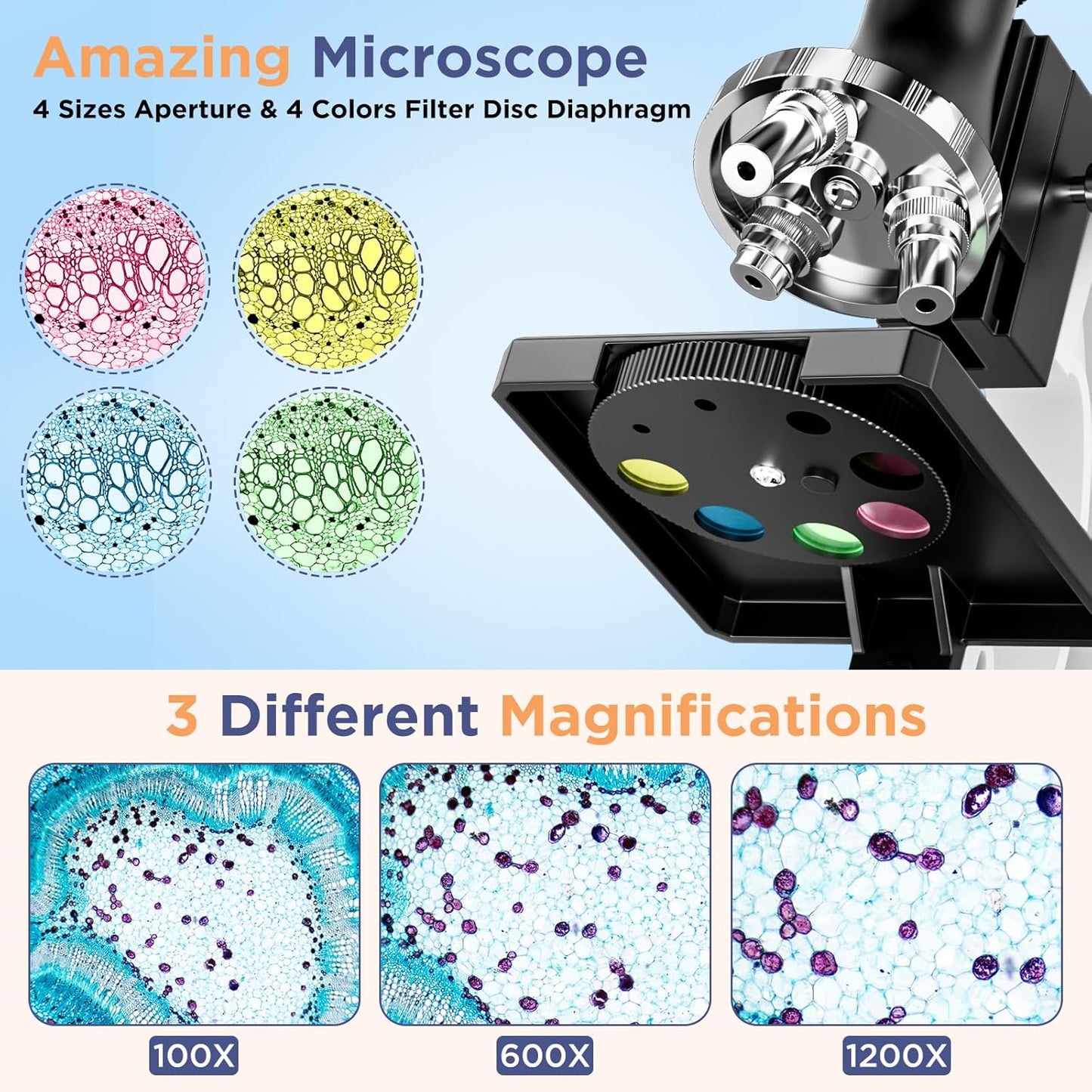 100X-1200X Kids Microscope Kit for Children: Compound Microscope for Kid STEM Biology Discovery - Science Experiments Microscopio Set with Metal Frame, Carrying Box Educational Gift for Child 8-12