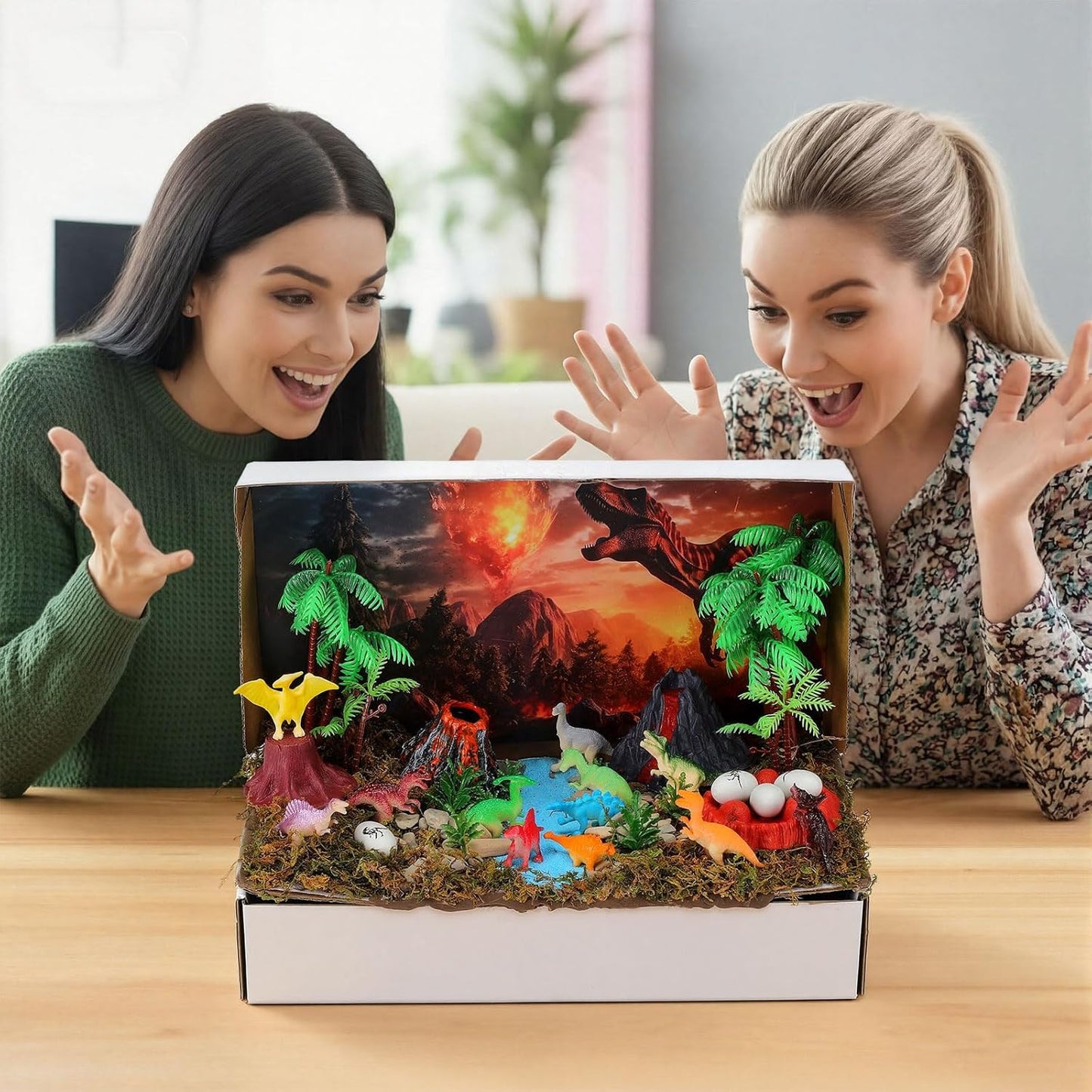 Teyva Daily 48 Pcs Dinosaur Diorama Kit Habitat Project Box Set 3D Dinosaurs Diorama Supplies Include Dinosaurs Model Figures & Eggs Volcano Artificial Trees with Cardboard for DIY Crafts Gifts