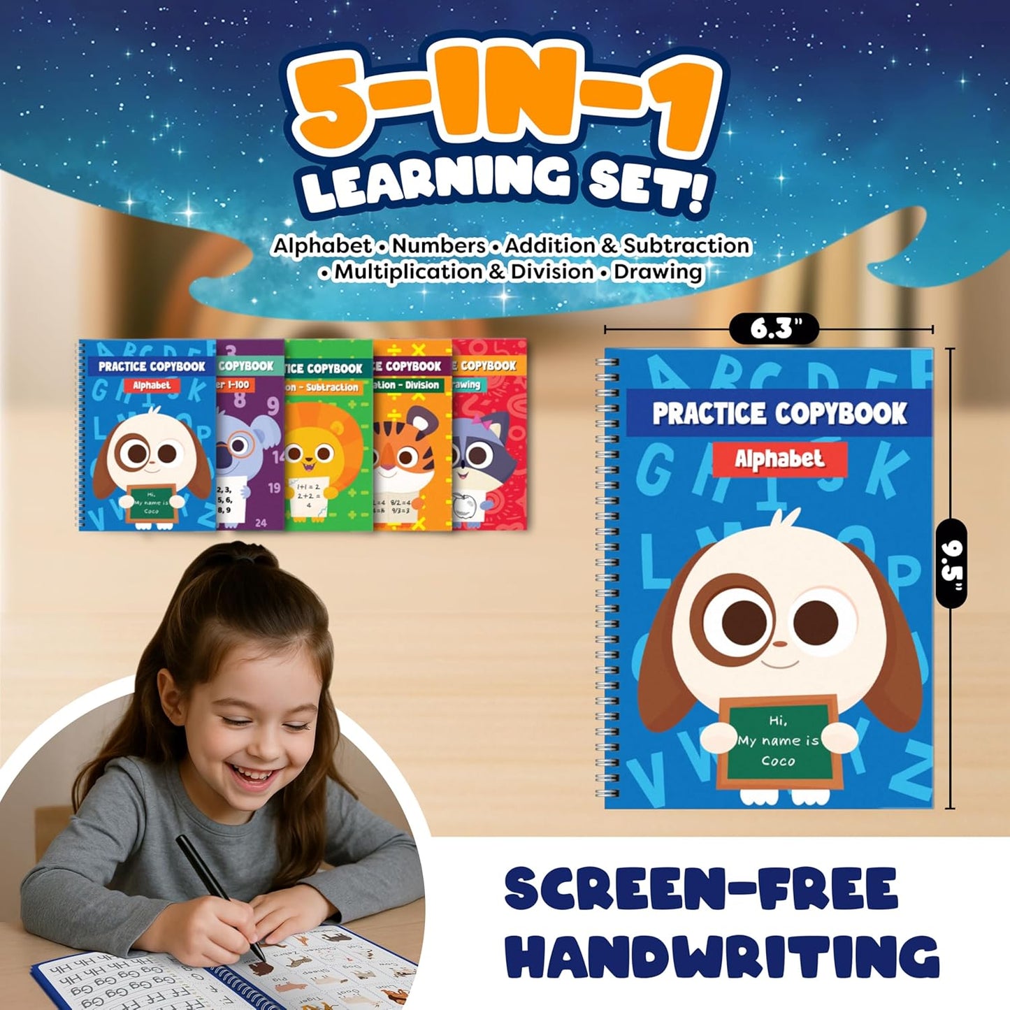 Magic Grooved Writing Practice for Kids with Safety Box – 5 Practice Books Learning Set for Alphabet, Drawing, Math – Erasable Magic Ink – Includes Long-Lasting 2 Magic Pens and 10 Refills