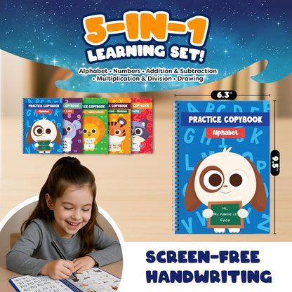 Magic Grooved Writing Practice for Kids with Safety Box – 5 Practice Books Learning Set for Alphabet, Drawing, Math – Erasable Magic Ink – Includes Long-Lasting 2 Magic Pens and 10 Refills