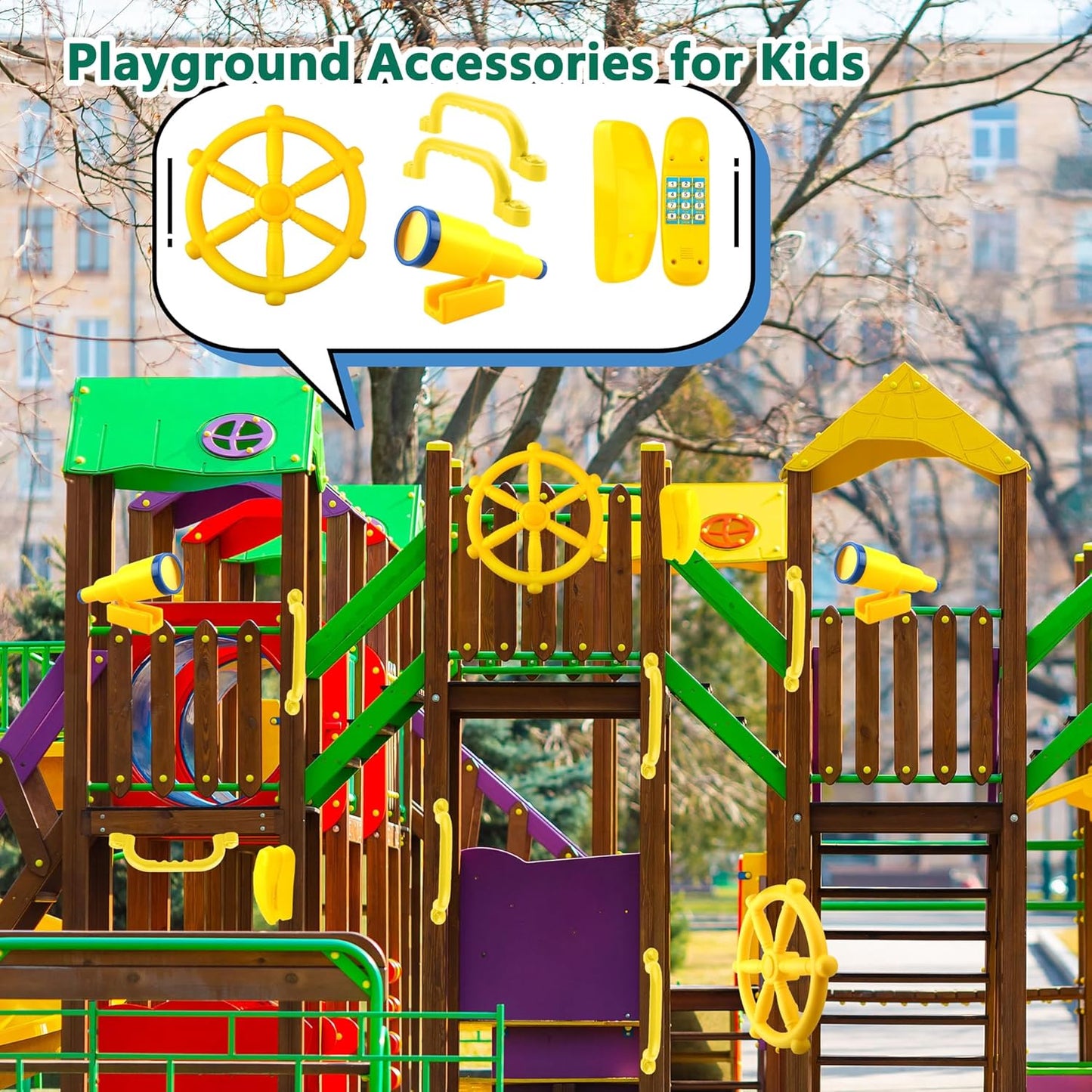 5 Pcs Kids Playground Accessories for Kids Outdoor Plastic Steering Wheel Swingset Phone Pirate Telescope Telephone Safety Handle for Child Backyard Tree House Playhouse Jungle Gym (Yellow Set 1)