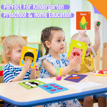 50 PCS Kid First Cognitive Flashcards,Double Sided Printed 7 in 1 Colorful Cards Alphabet,Numbers, Foods,Animals,Shapes,Colors with 3 Reclosable Rings,Learning Tool for Pre-K Kindergarten Toddlers