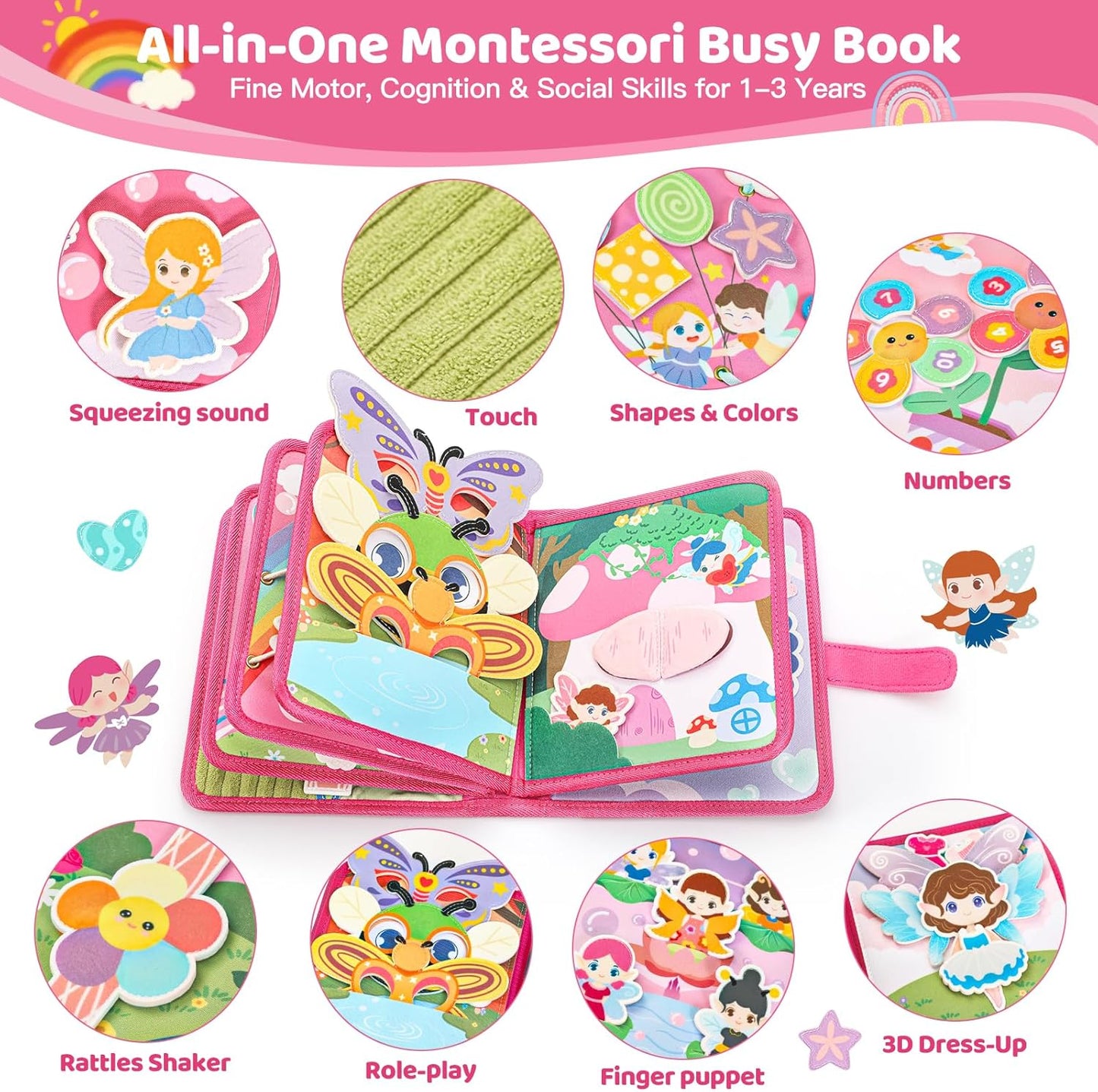 22 in 1 Busy Book for Toddlers 1-3, Sprite Montessori Toys for 1 Year Old with Fishing Game, Soft Sensory Toddler Busy Board, Airplane Travel Toys, Birthday Easter Gifts for 1 2 Year Old Girl