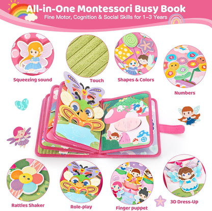 22 in 1 Busy Book for Toddlers 1-3, Sprite Montessori Toys for 1 Year Old with Fishing Game, Soft Sensory Toddler Busy Board, Airplane Travel Toys, Birthday Easter Gifts for 1 2 Year Old Girl