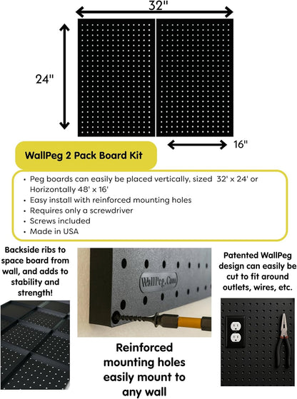 WALLPEG Pegboard Garage Organizer Kit – 48” Wide Wall Mounted Peg Board Panels with 36 Locking Hooks – Tool & Garage Organization System – Fits Standard 1/4” Pegboard