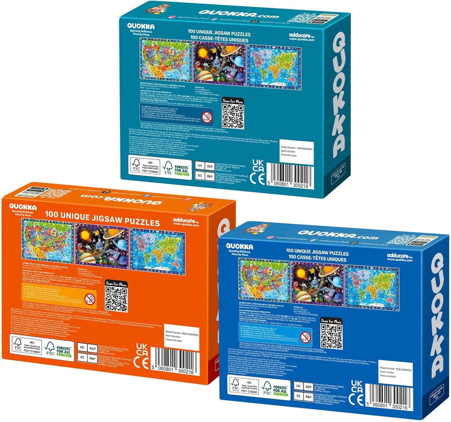 QUOKKA 3X Set Learning Board Games for Kids 8-12 - Educational Trivia Cards Ages 6-8 - Travel United States - World Map - Explore Outer Space - Gift for Children and Teens 4-8 - Jigsaw Puzzles