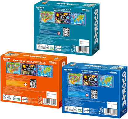 QUOKKA 3X Set Learning Board Games for Kids 8-12 - Educational Trivia Cards Ages 6-8 - Travel United States - World Map - Explore Outer Space - Gift for Children and Teens 4-8 - Jigsaw Puzzles